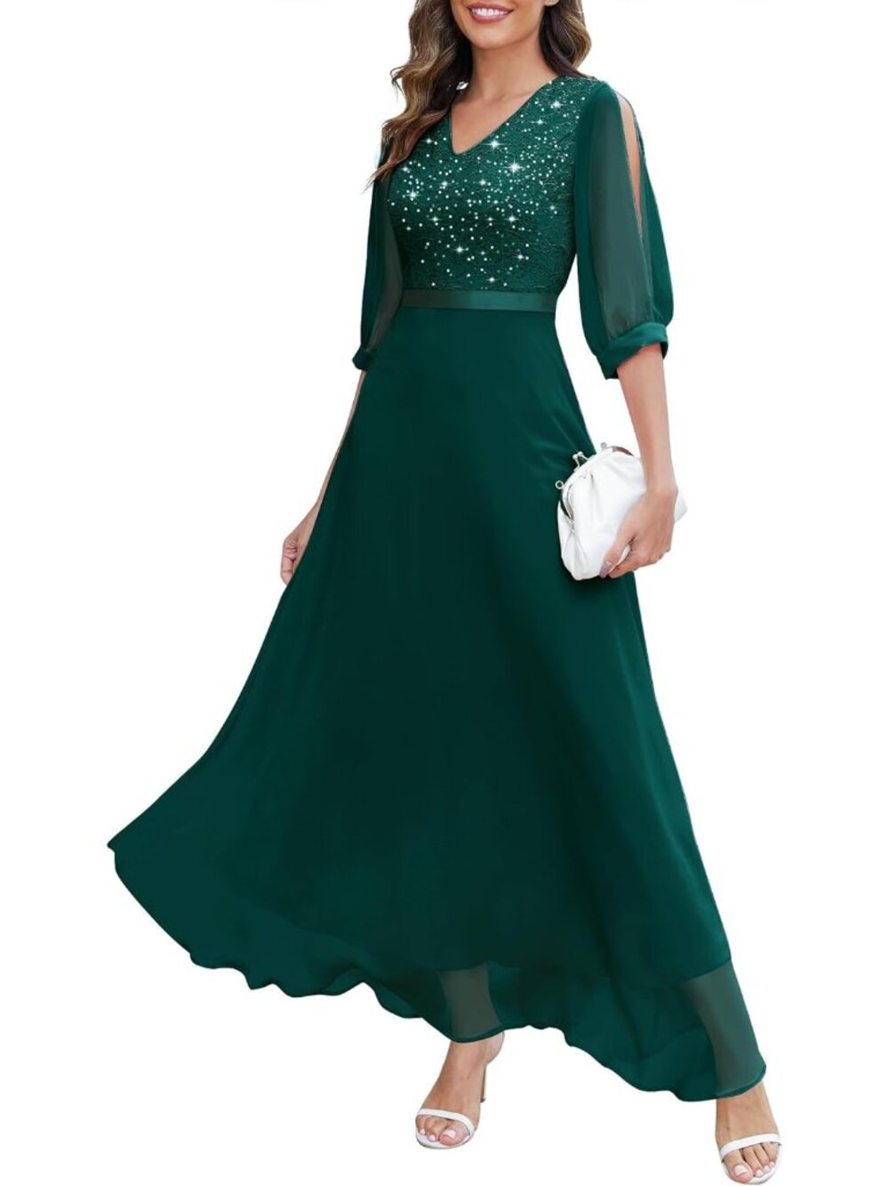 Womens Dark Green Sequin Sparkly Glitter Split Sleeves Formal Bodycon Maxi Dress